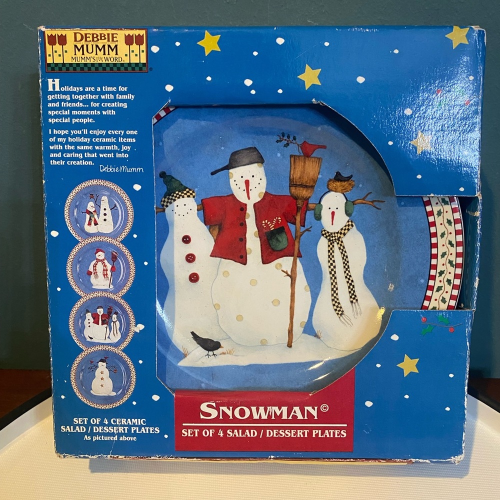 Vintage Debbie Mumm Sakura Snowman Salad/Dessert Plates (4) in Original Box
